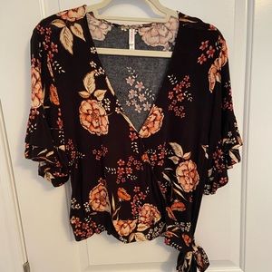 Black Floral Ruffle Sleeve Wrap Top